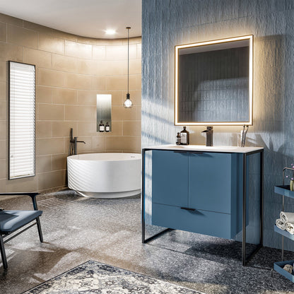 Moma 32 in. Blue Wall Mount Single Sink Bath Vanity with Solid Surface Top and Integrated Sink