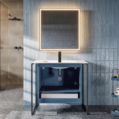 Moma 32 in. Blue Wall Mount Single Sink Bath Vanity with Solid Surface Top and Integrated Sink