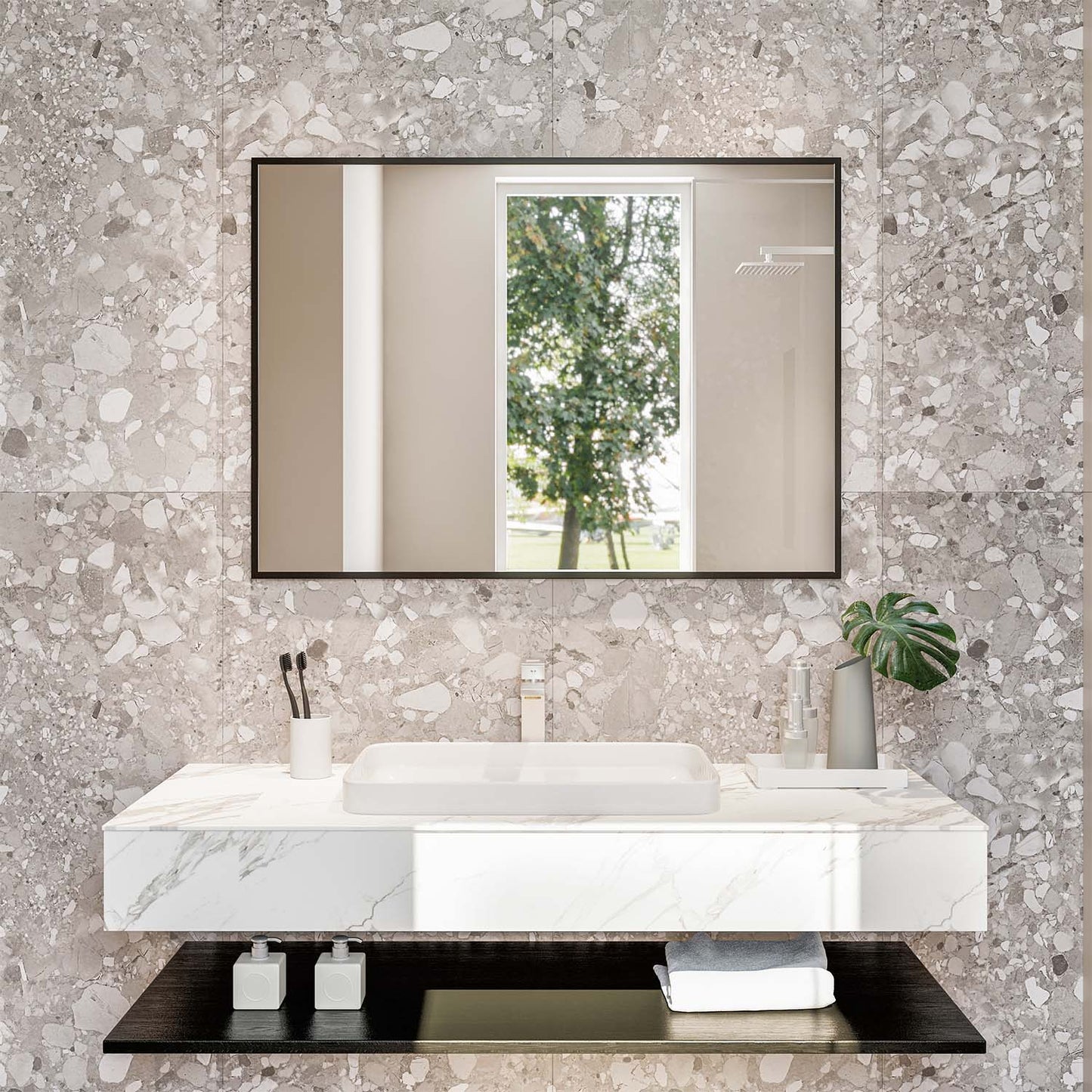 EVIVA Black 42X30 Inch Modern Framed Bathroom Mirror