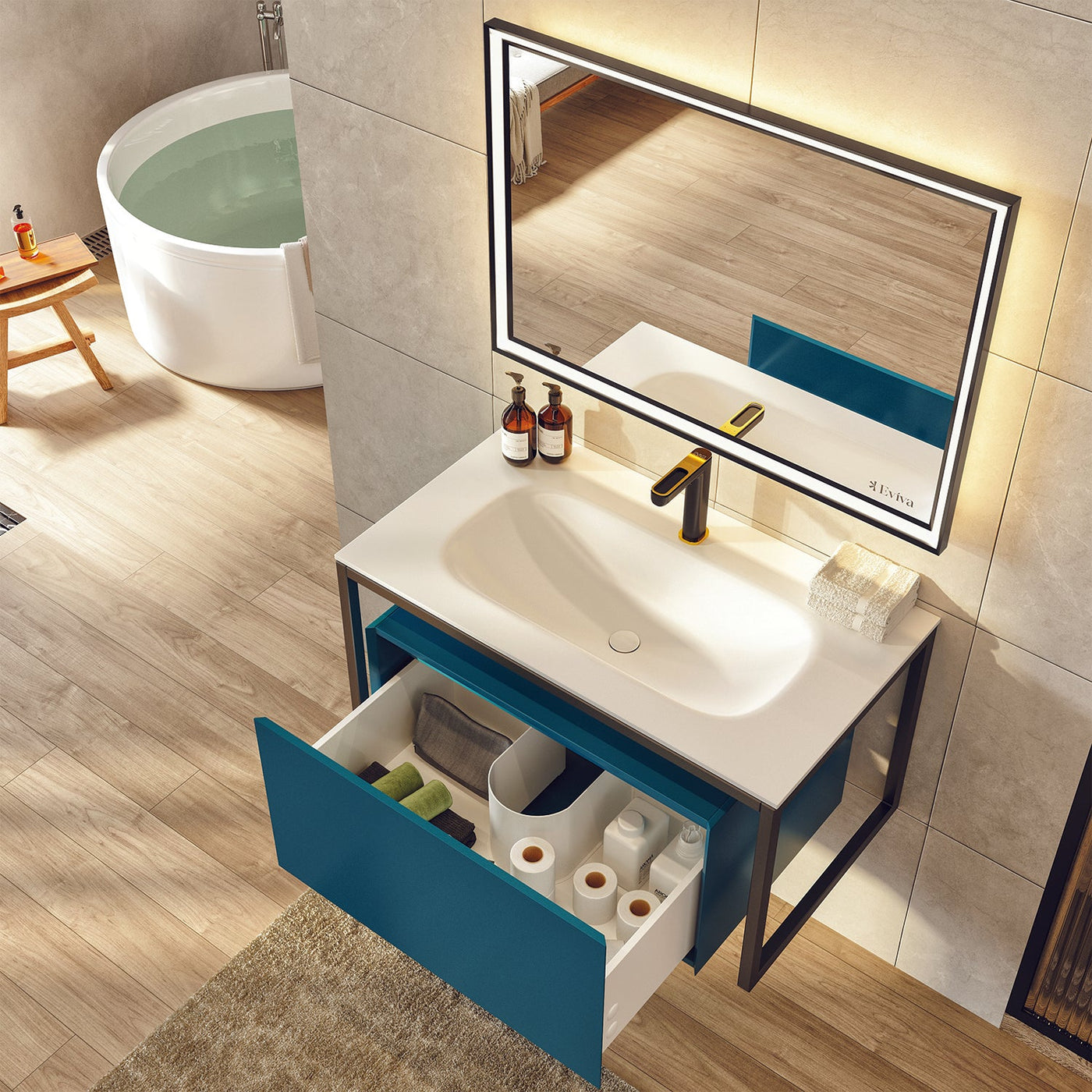 Modena 32"W x 18"D Blue Wall Mount Bathroom Vanity with White Solid Surface Countertop and Integrated Sink