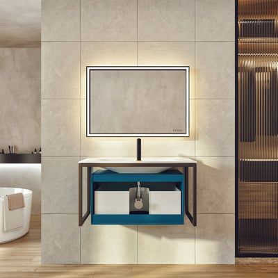 Modena 32"W x 18"D Blue Wall Mount Bathroom Vanity with White Solid Surface Countertop and Integrated Sink