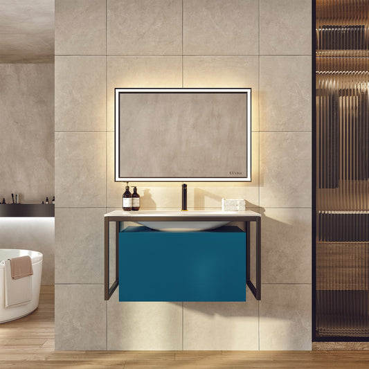 Modena 32"W x 18"D Blue Wall Mount Bathroom Vanity with Solid Surface Countertop and Integrated Sink