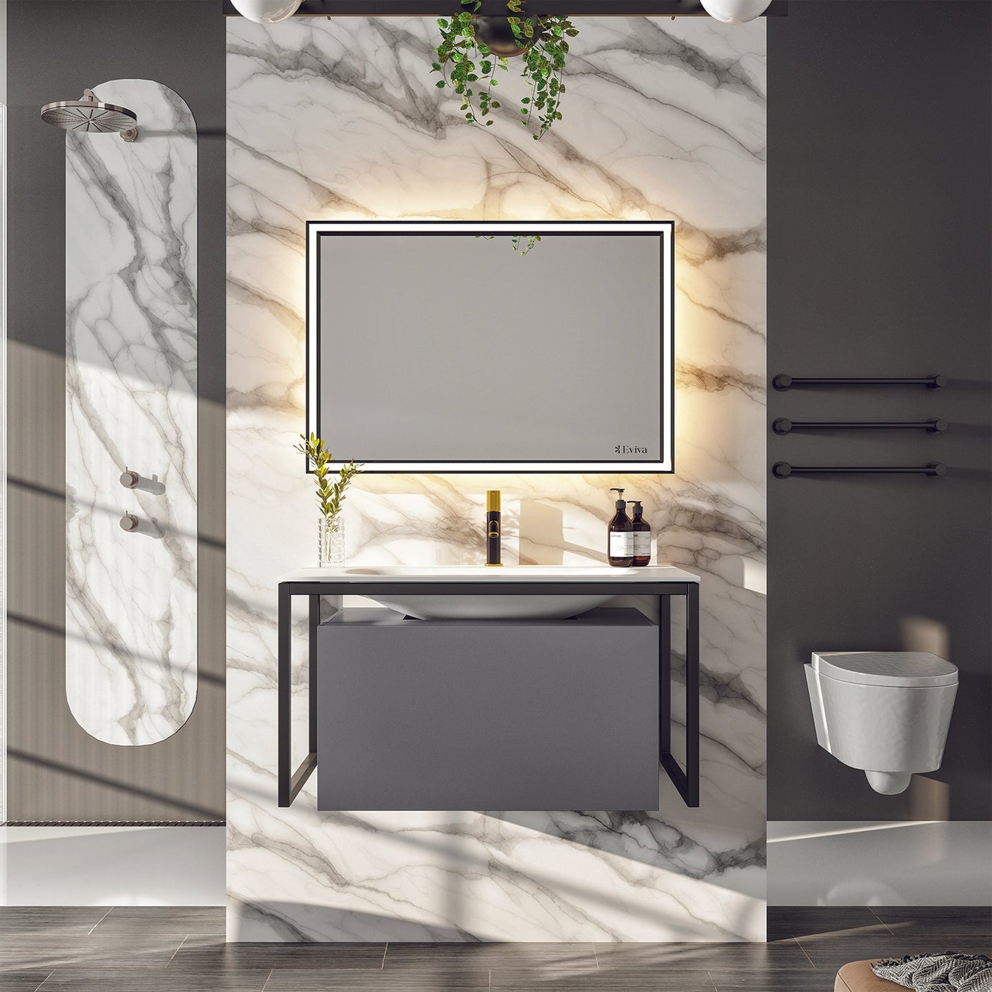 Eviva Modena 32 in. Wall Mounted Gray Bathroom Vanity with White Integrated Solid Surface Countertop
