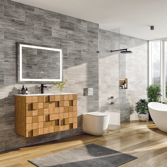 Eviva Mosaic 33 in. Wall Mounted Oak Bathroom Vanity with White Integrated Solid Surface Countertop