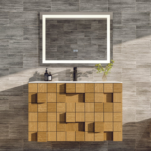 Mosaic 33"W x 20"D Natural Oak Wall Mount Bathroom Vanity with Solid Surface Countertop and Integrated Sink