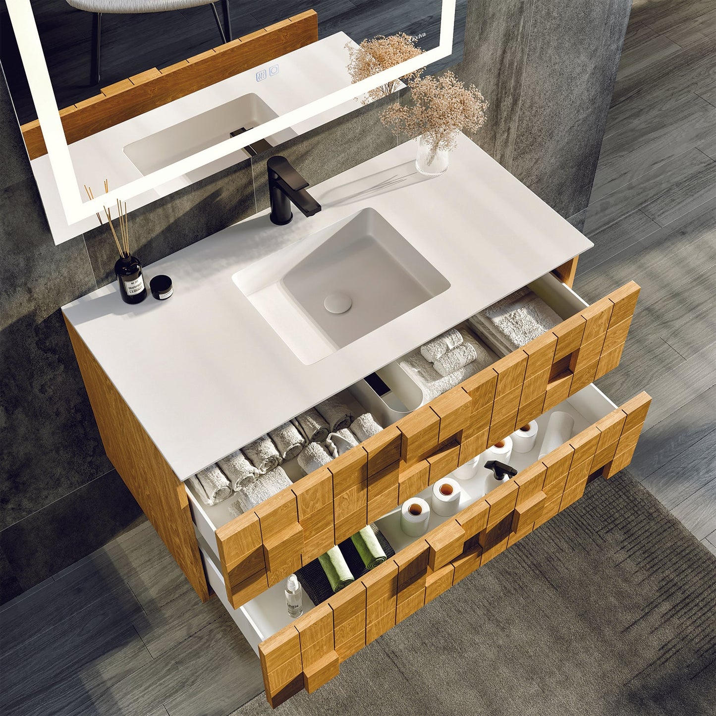 Eviva Mosaic 36 in. Wall Mounted Oak Bathroom Vanity with White Integrated Solid Surface Countertop