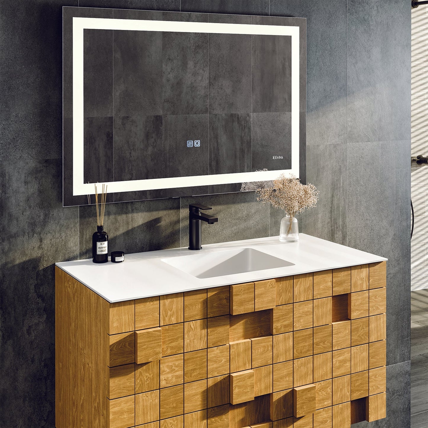 Eviva Mosaic 36 in. Wall Mounted Oak Bathroom Vanity with White Integrated Solid Surface Countertop