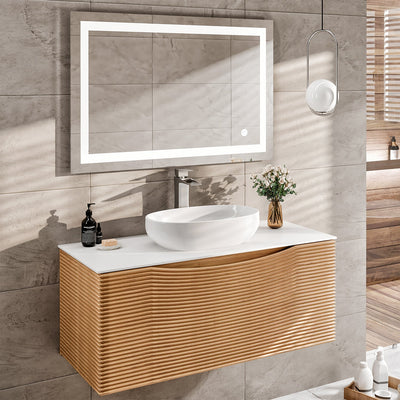 Leah 32"W x 20"D Medium Oak Wall Mount Bathroom Vanity with White Solid Surface Countertop and Vessel Solid Surface Sink