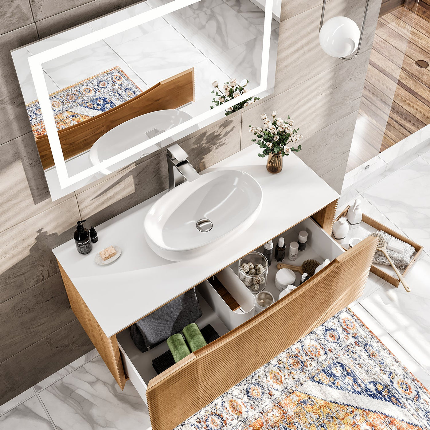 Leah 32"W x 20"D Medium Oak Wall Mount Bathroom Vanity with White Solid Surface Countertop and Vessel Solid Surface Sink