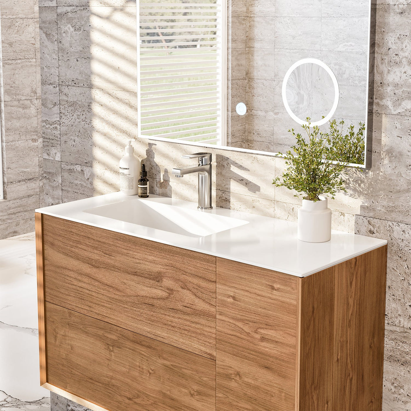 Prancer 36"W x 20"D Natural Oak Wall Mount Bathroom Vanity with White Solid Surface Countertop and Integrated Sink