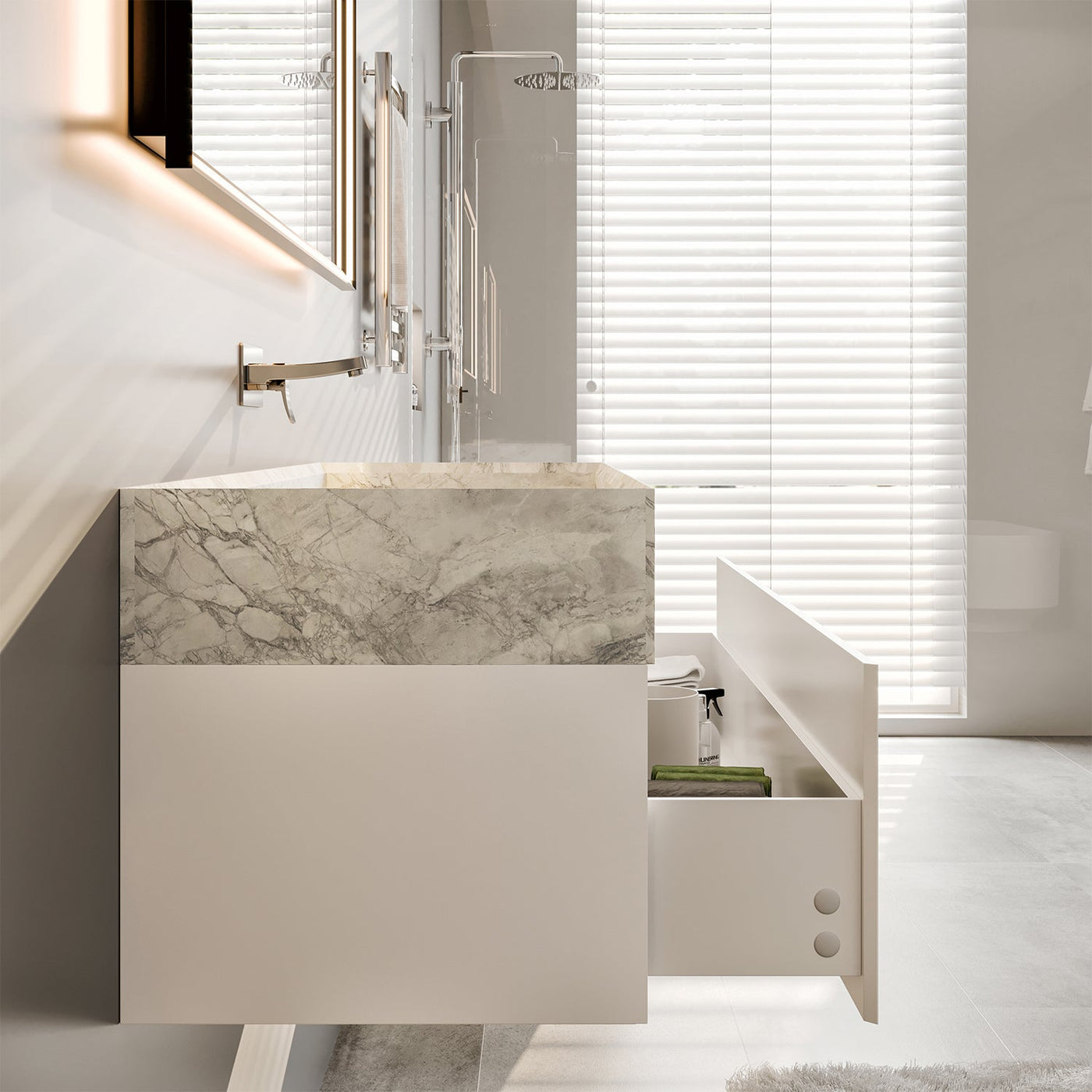 Fritti 36"W x 20"D White Wall Mount Bathroom Vanity with White Carrara Marble Countertop and Integrated Sink