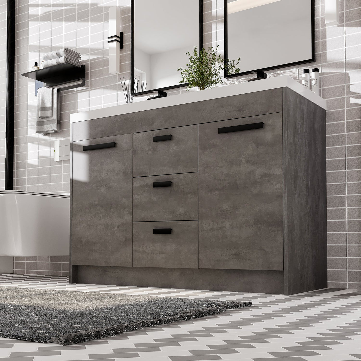 Lugano 48"W x 20"D Concrete Gray Double Sink Bathroom Vanity with White Acrylic Countertop and Integrated Sinks