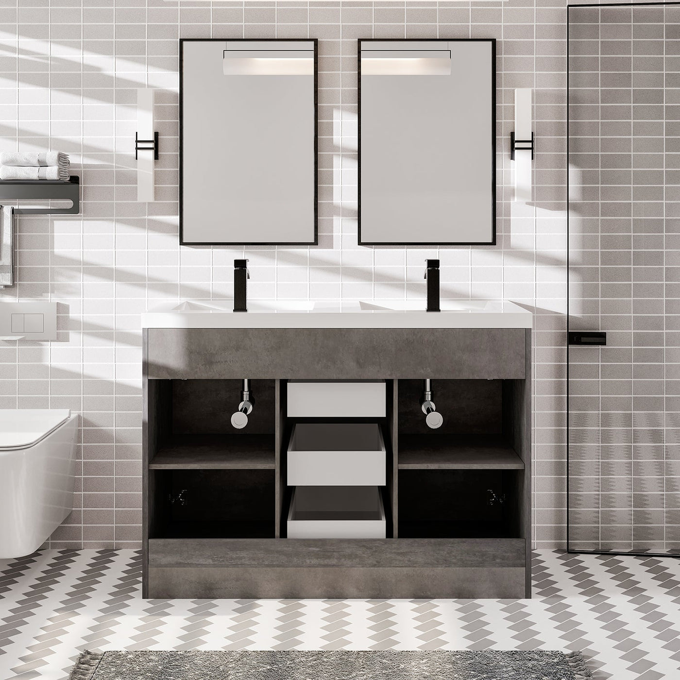 Lugano 48"W x 20"D Concrete Gray Double Sink Bathroom Vanity with White Acrylic Countertop and Integrated Sinks