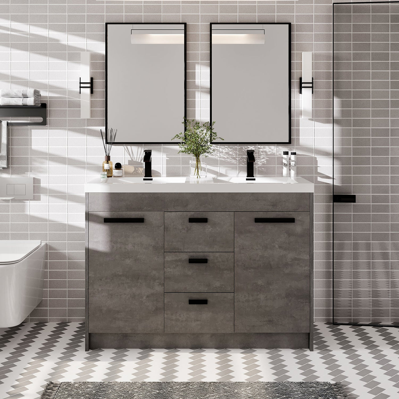 Lugano 48"W x 20"D Concrete Gray Double Sink Bathroom Vanity with White Acrylic Countertop and Integrated Sinks