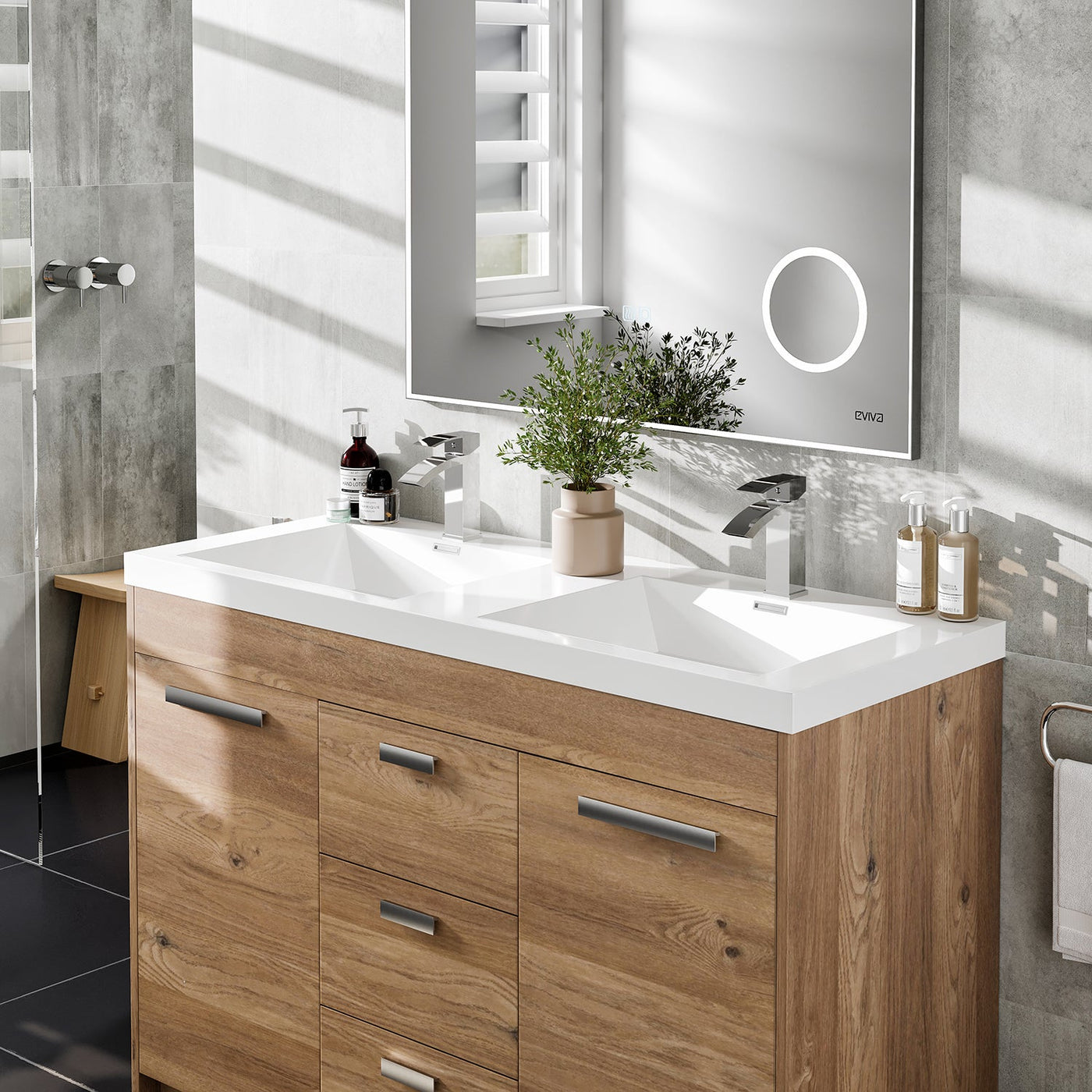 Lugano 48"W x 20"D Natural Oak Double Sink Bathroom Vanity with White Acrylic Countertop and Integrated Sinks