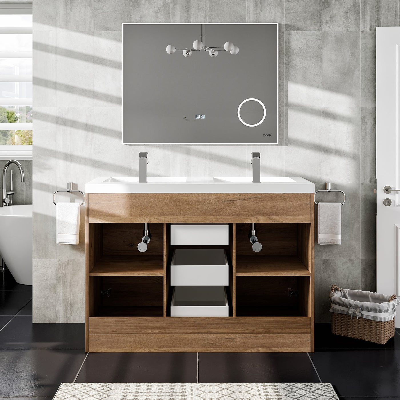 Lugano 48"W x 20"D Natural Oak Double Sink Bathroom Vanity with White Acrylic Countertop and Integrated Sinks