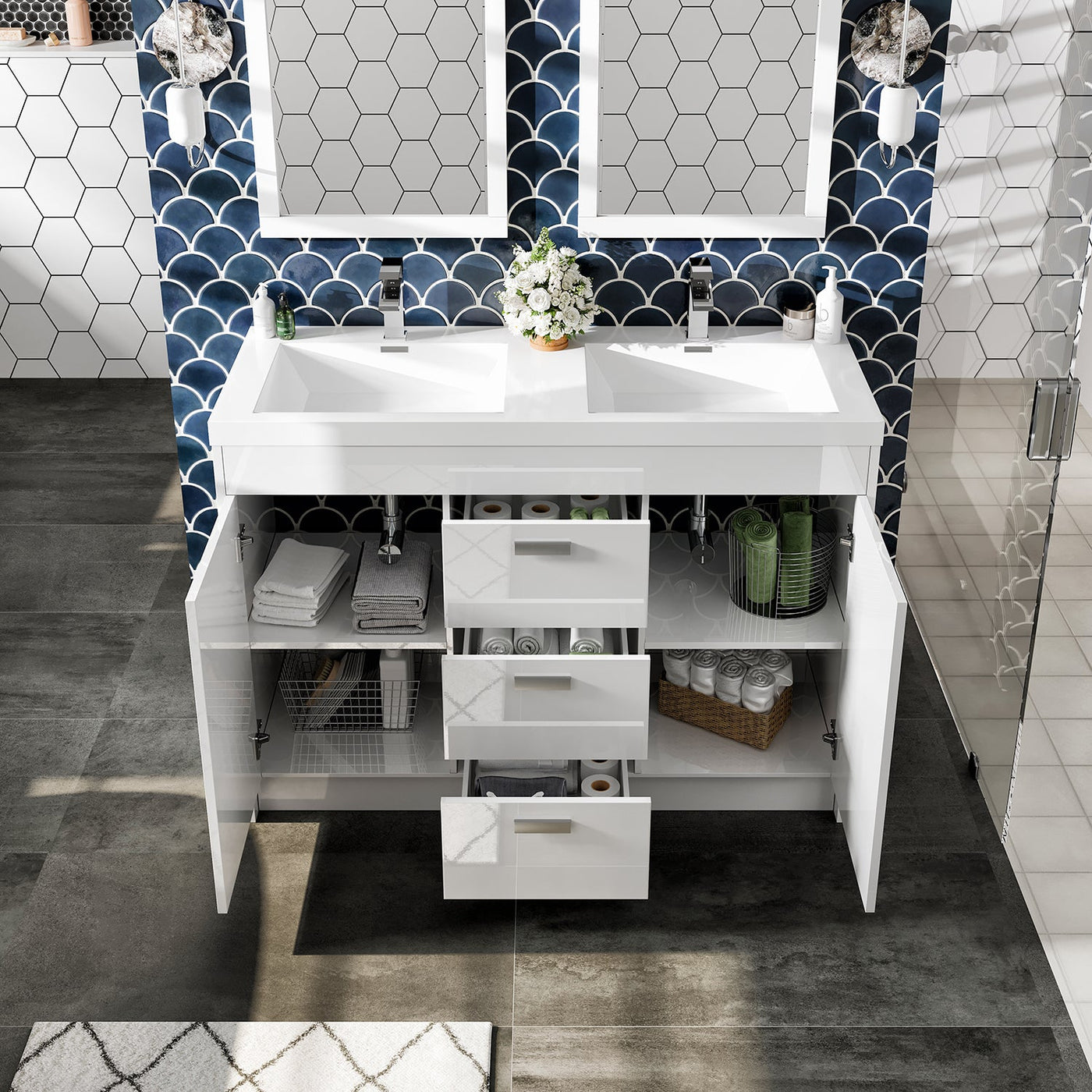 Lugano 48"W x 20"D White Double Sink Bathroom Vanity with White Acrylic Countertop and Integrated Sinks