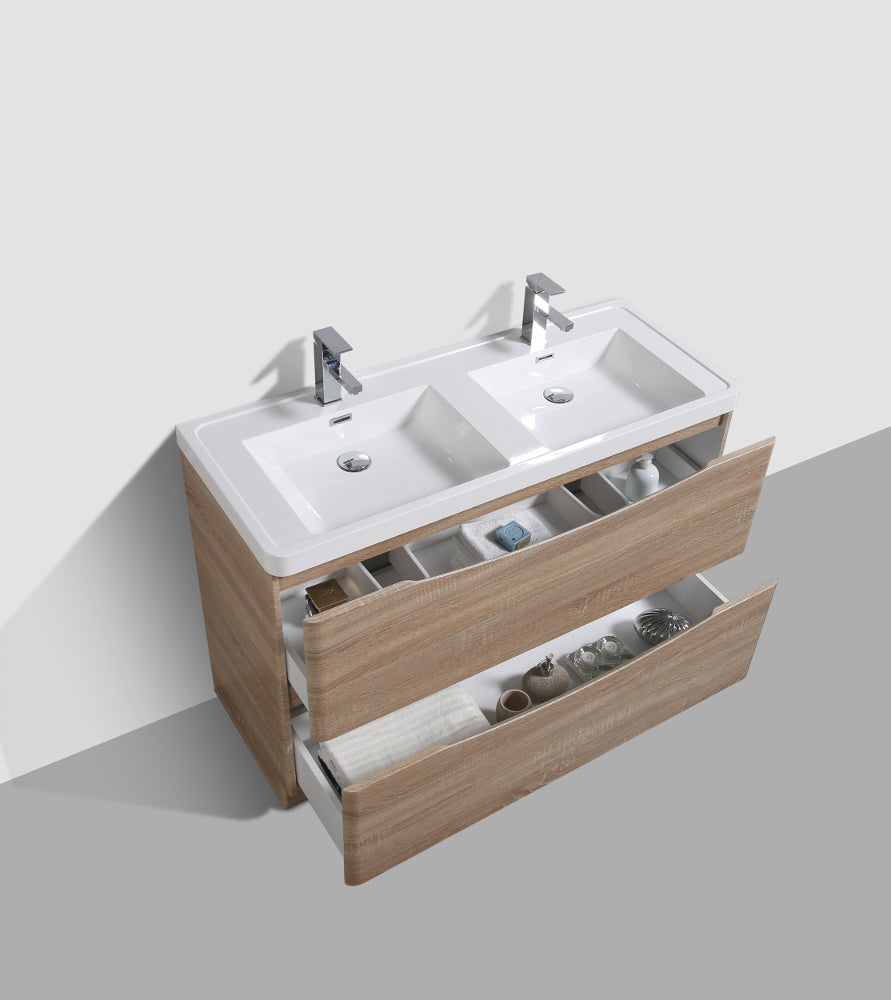 Eviva Smile 48" White Oak Freestanding Modern Double Sink Bathroom Vanity w/ White Integrated Top