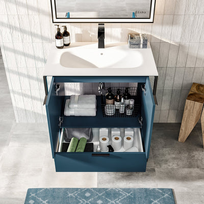 Moma 24"W x 18"D Blue Wall Mount Bathroom Vanity with White Solid Surface Countertop and Integrated Sink