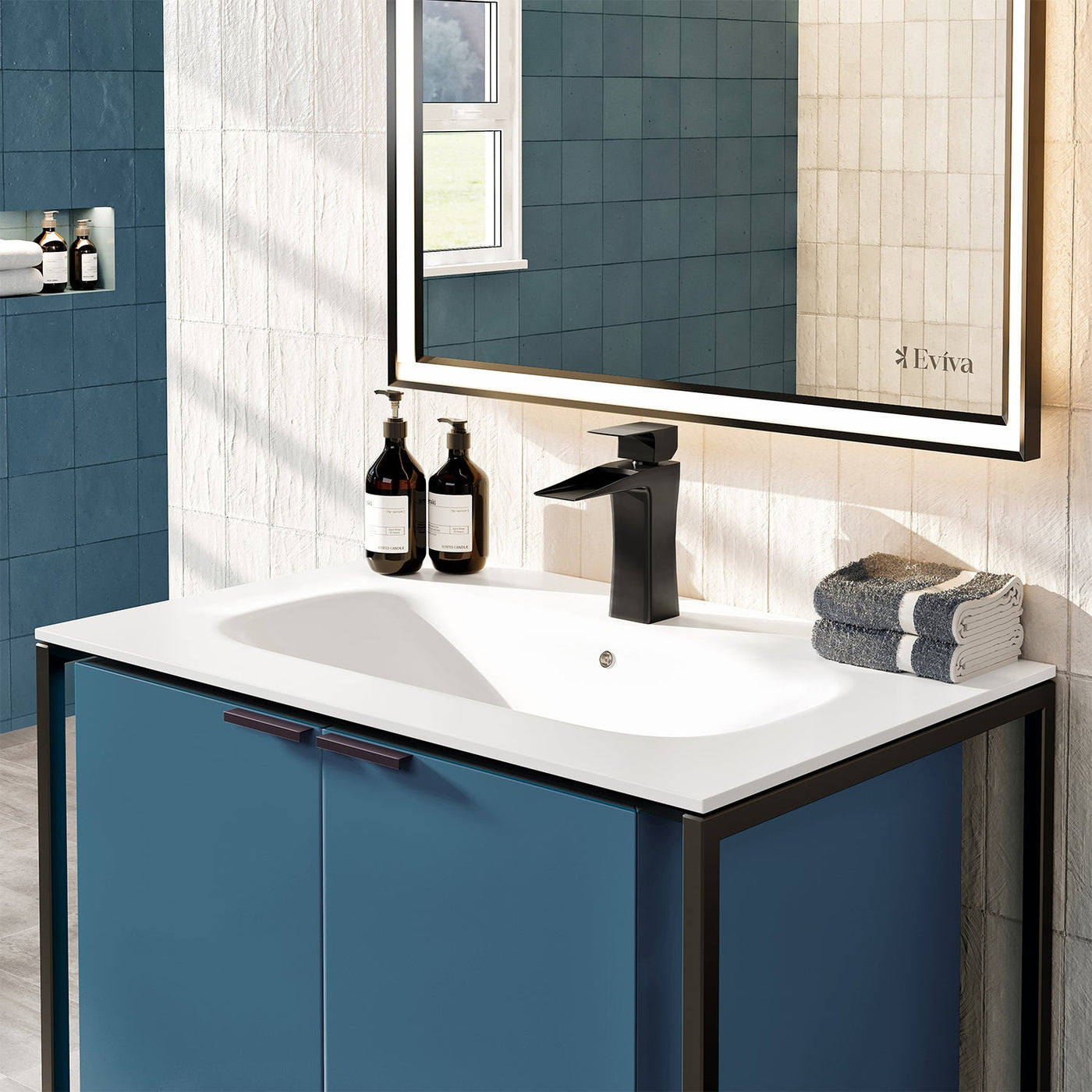 Moma 24"W x 18"D Blue Wall Mount Bathroom Vanity with White Solid Surface Countertop and Integrated Sink