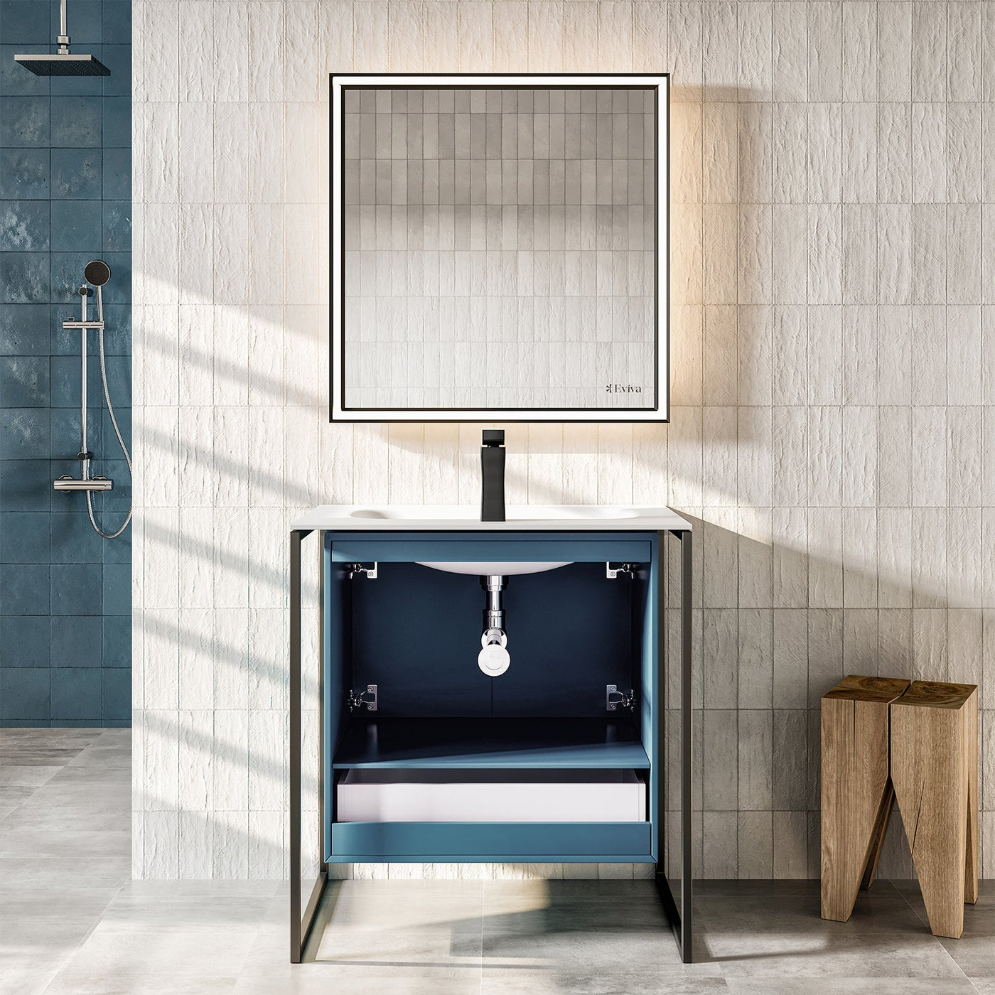 Moma 24"W x 18"D Blue Wall Mount Bathroom Vanity with White Solid Surface Countertop and Integrated Sink