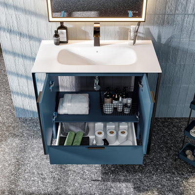 Moma 32"W x 18"D Blue Wall Mount Bathroom Vanity with White Solid Surface Countertop and Integrated Sink