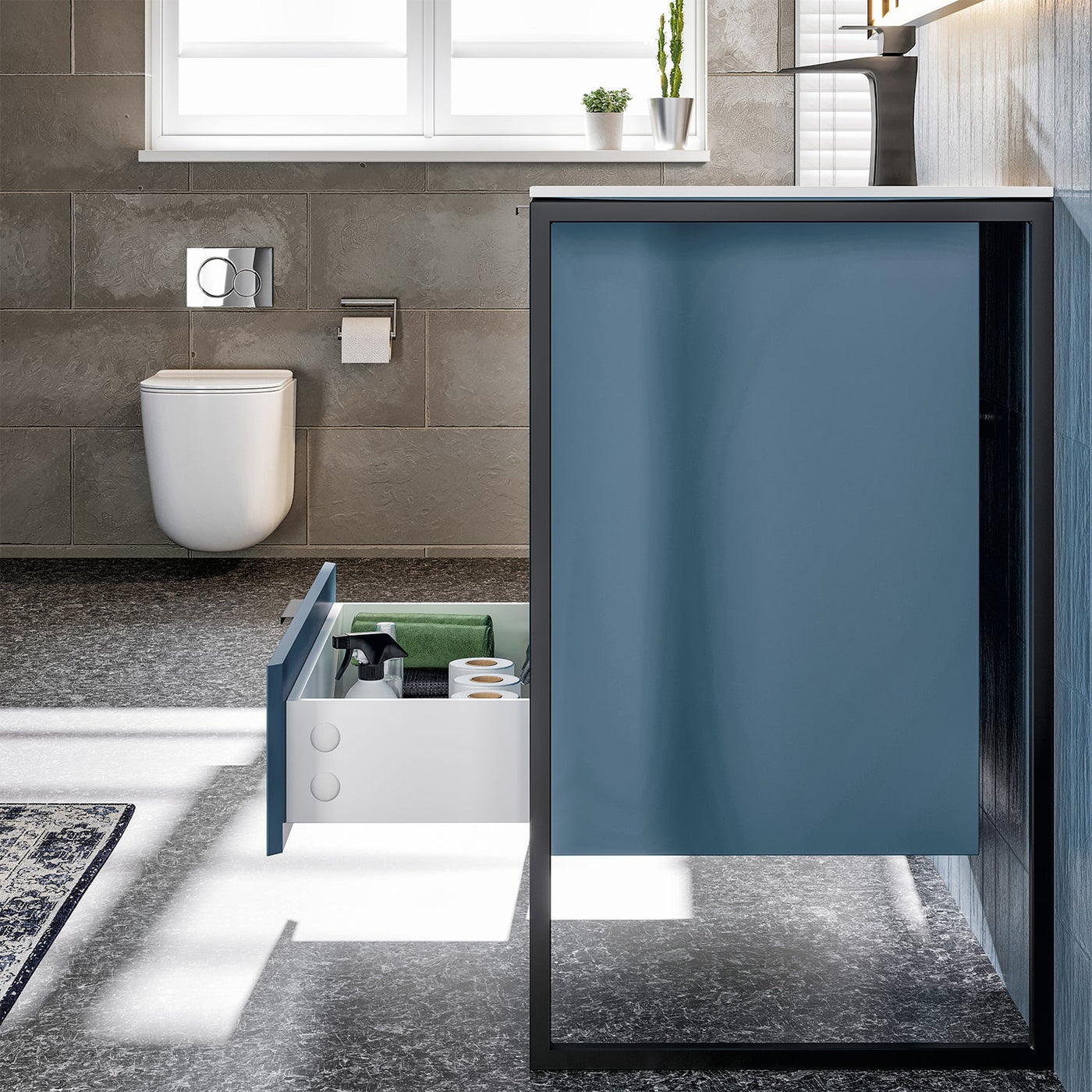 Moma 32"W x 18"D Blue Wall Mount Bathroom Vanity with White Solid Surface Countertop and Integrated Sink