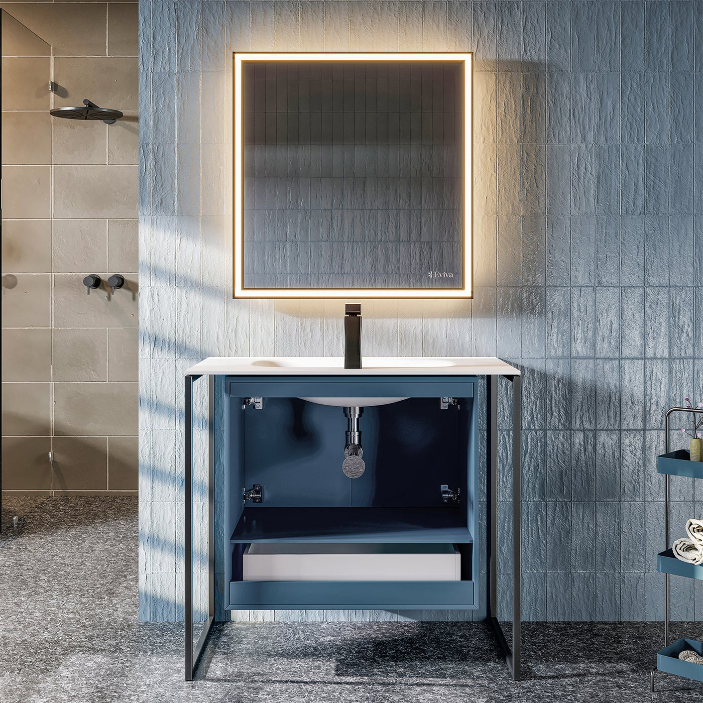 Moma 32"W x 18"D Blue Wall Mount Bathroom Vanity with White Solid Surface Countertop and Integrated Sink