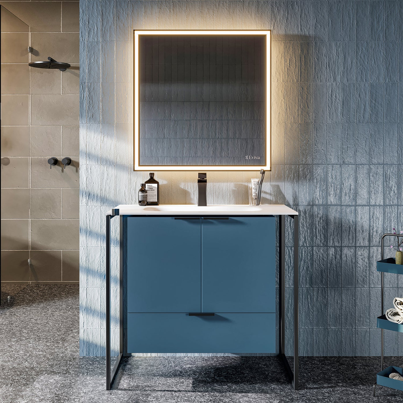 Moma 32"W x 18"D Blue Wall Mount Bathroom Vanity with White Solid Surface Countertop and Integrated Sink