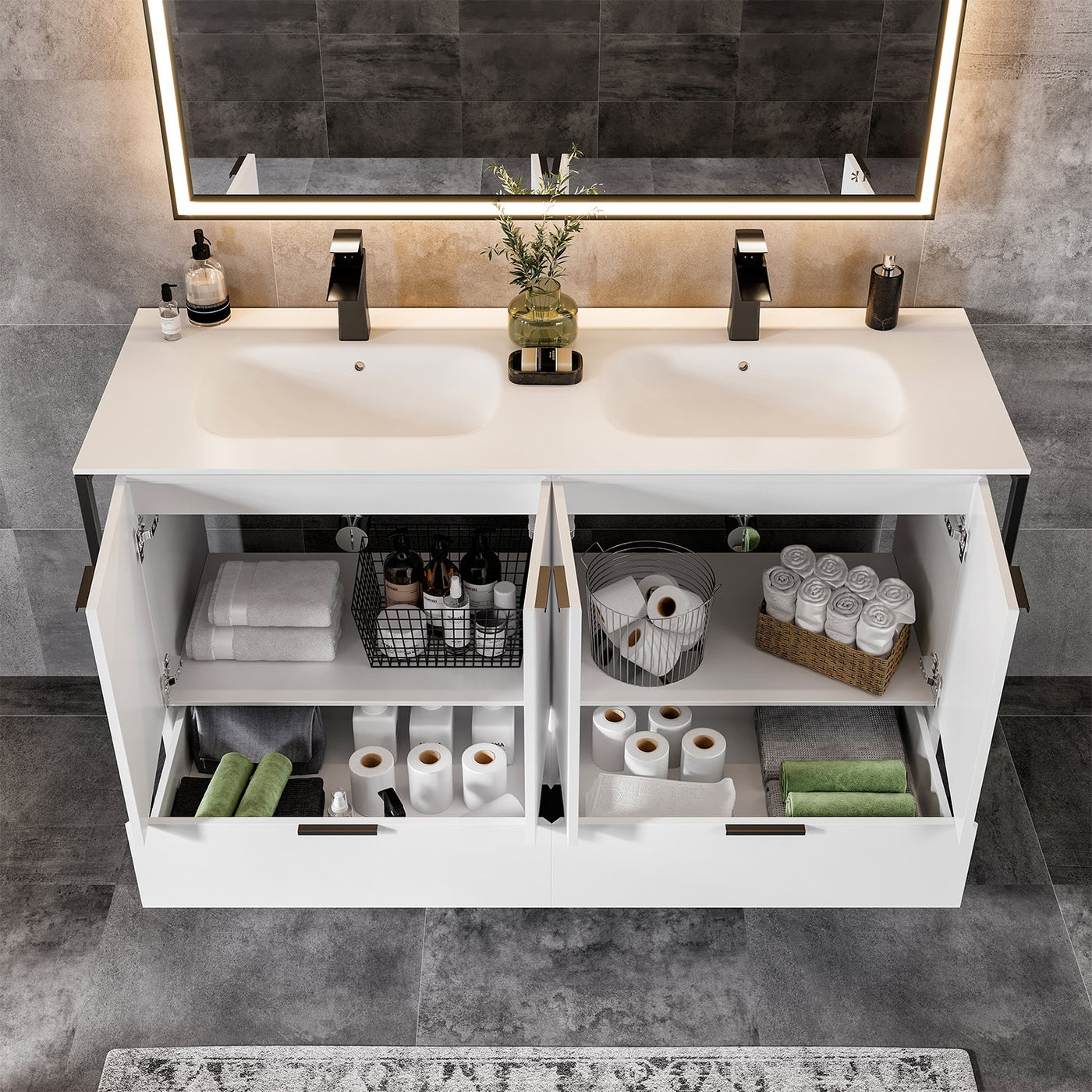 Moma 48"W x 18"D White Wall Mount Double Sink Bathroom Vanity with White Solid Surface Countertop and Integrated Sinks