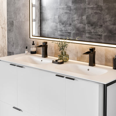 Moma 48"W x 18"D White Wall Mount Double Sink Bathroom Vanity with White Solid Surface Countertop and Integrated Sinks