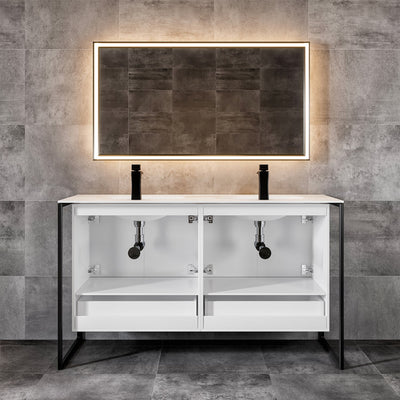 Moma 48"W x 18"D White Wall Mount Double Sink Bathroom Vanity with White Solid Surface Countertop and Integrated Sinks