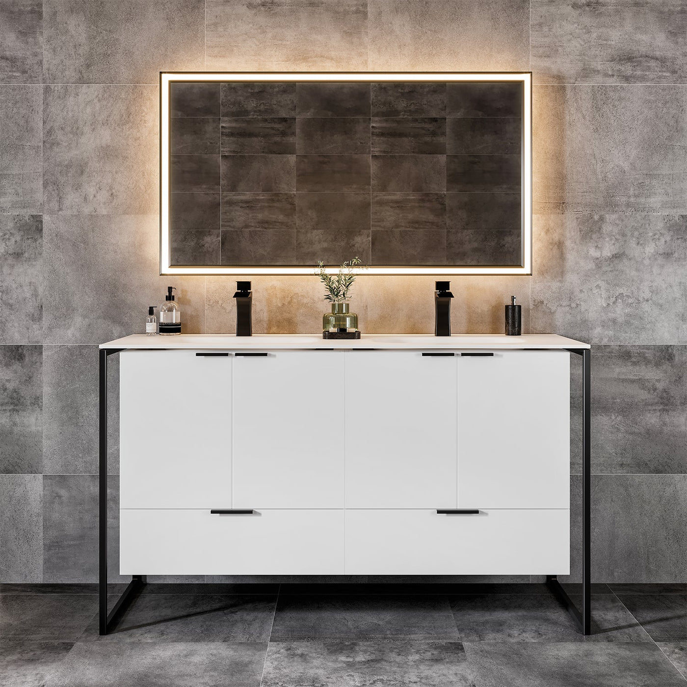 Moma 48"W x 18"D White Wall Mount Double Sink Bathroom Vanity with White Solid Surface Countertop and Integrated Sinks