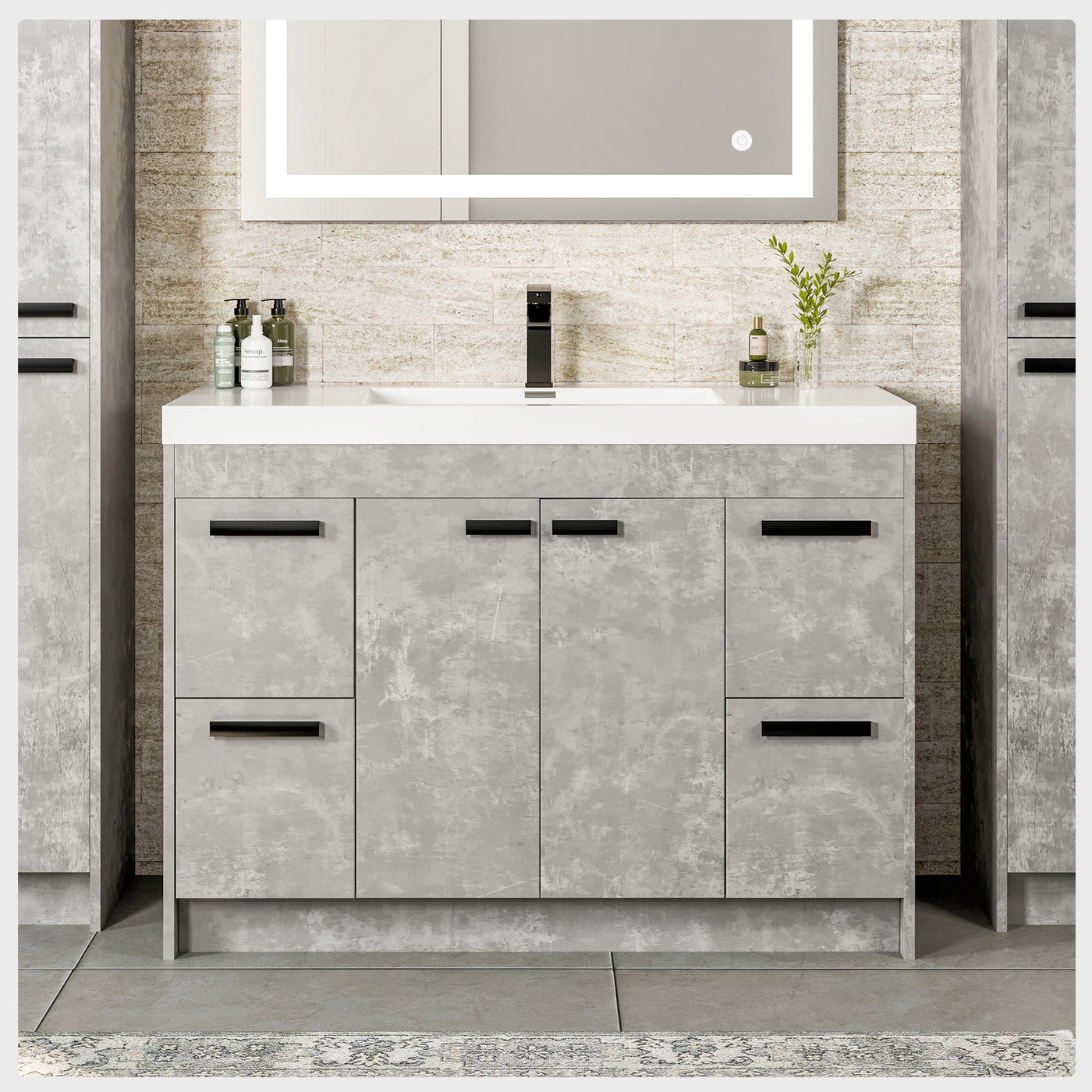 Lugano 42"W x 20"D Concrete Gray Bathroom Vanity with White Acrylic Countertop and Integrated Sink