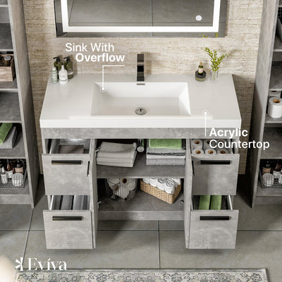 Lugano 42"W x 20"D Concrete Gray Bathroom Vanity with White Acrylic Countertop and Integrated Sink