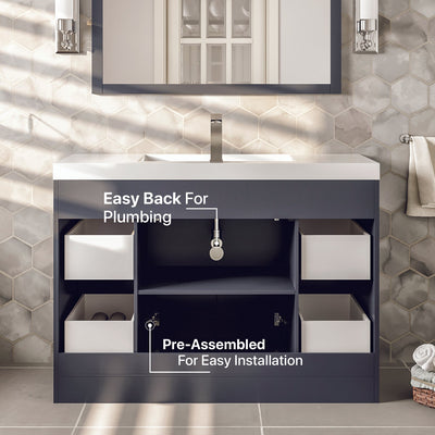 Lugano 42"W x 20"D Gray Bathroom Vanity with White Acrylic Countertop and Integrated Sink