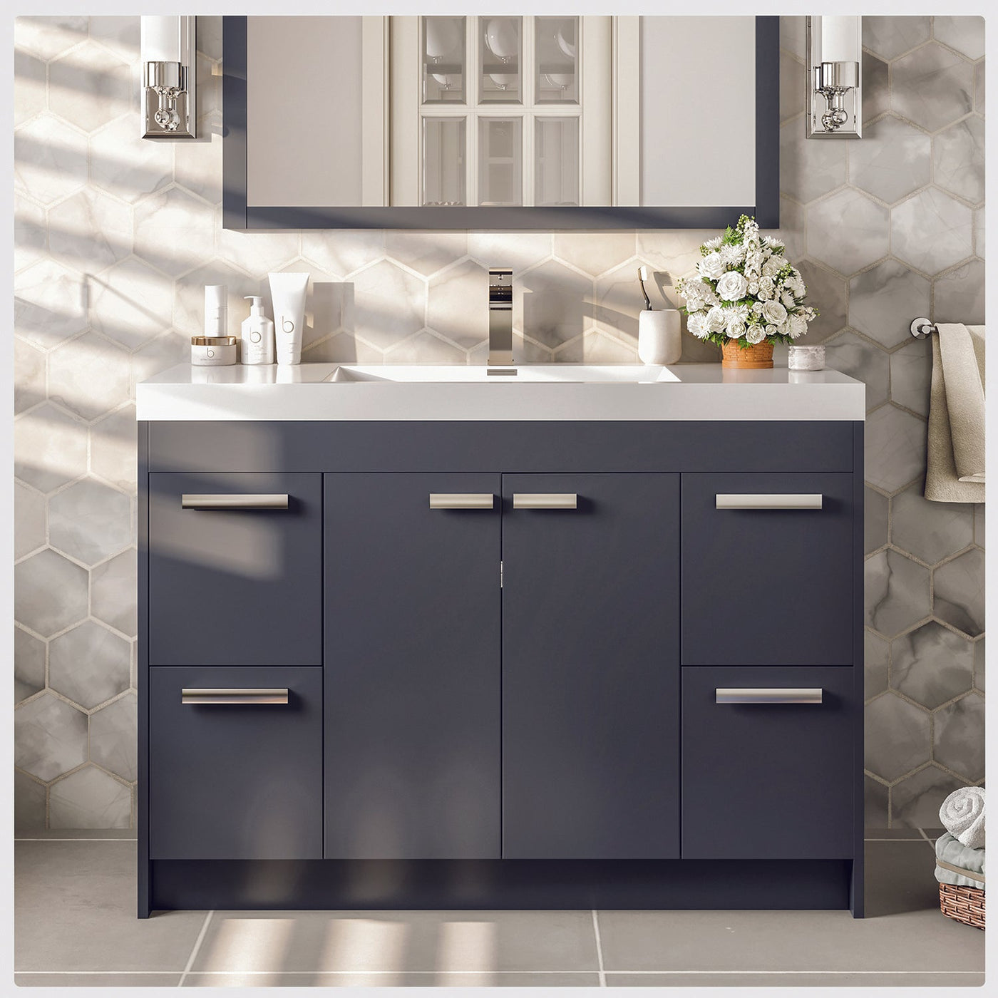 Lugano 42"W x 20"D Gray Bathroom Vanity with White Acrylic Countertop and Integrated Sink