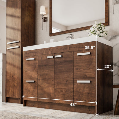 Lugano 48"W x 20"D Rosewood Bathroom Vanity with White Acrylic Countertop and Integrated Sink