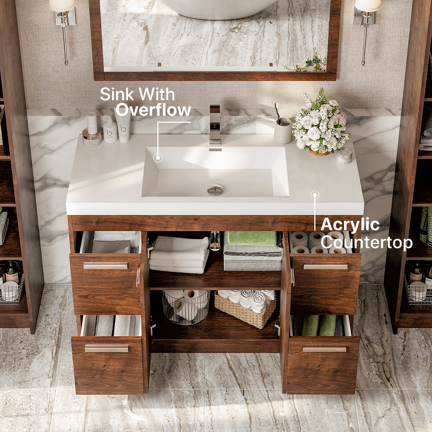 Lugano 48"W x 20"D Rosewood Bathroom Vanity with White Acrylic Countertop and Integrated Sink