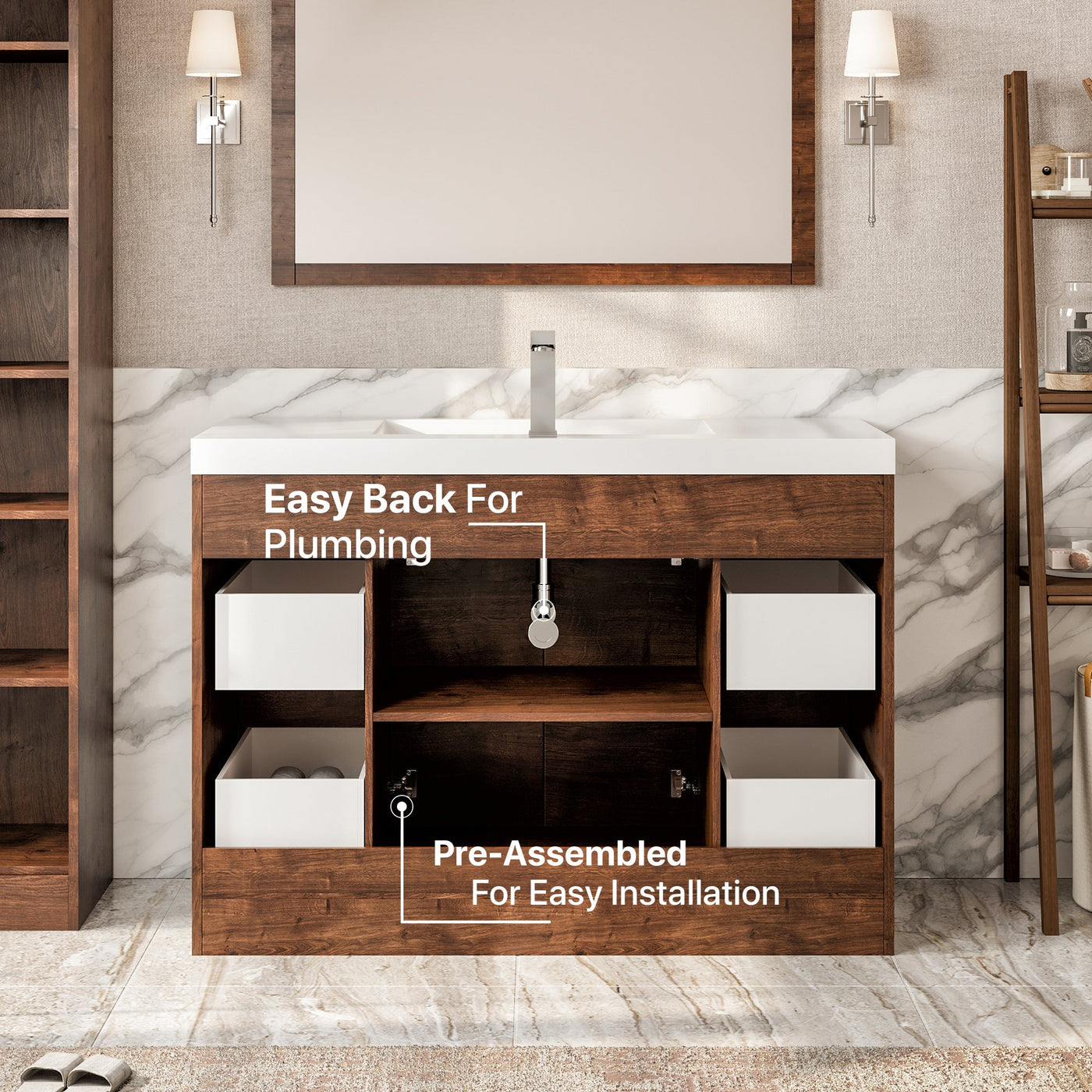 Lugano 48"W x 20"D Rosewood Bathroom Vanity with White Acrylic Countertop and Integrated Sink