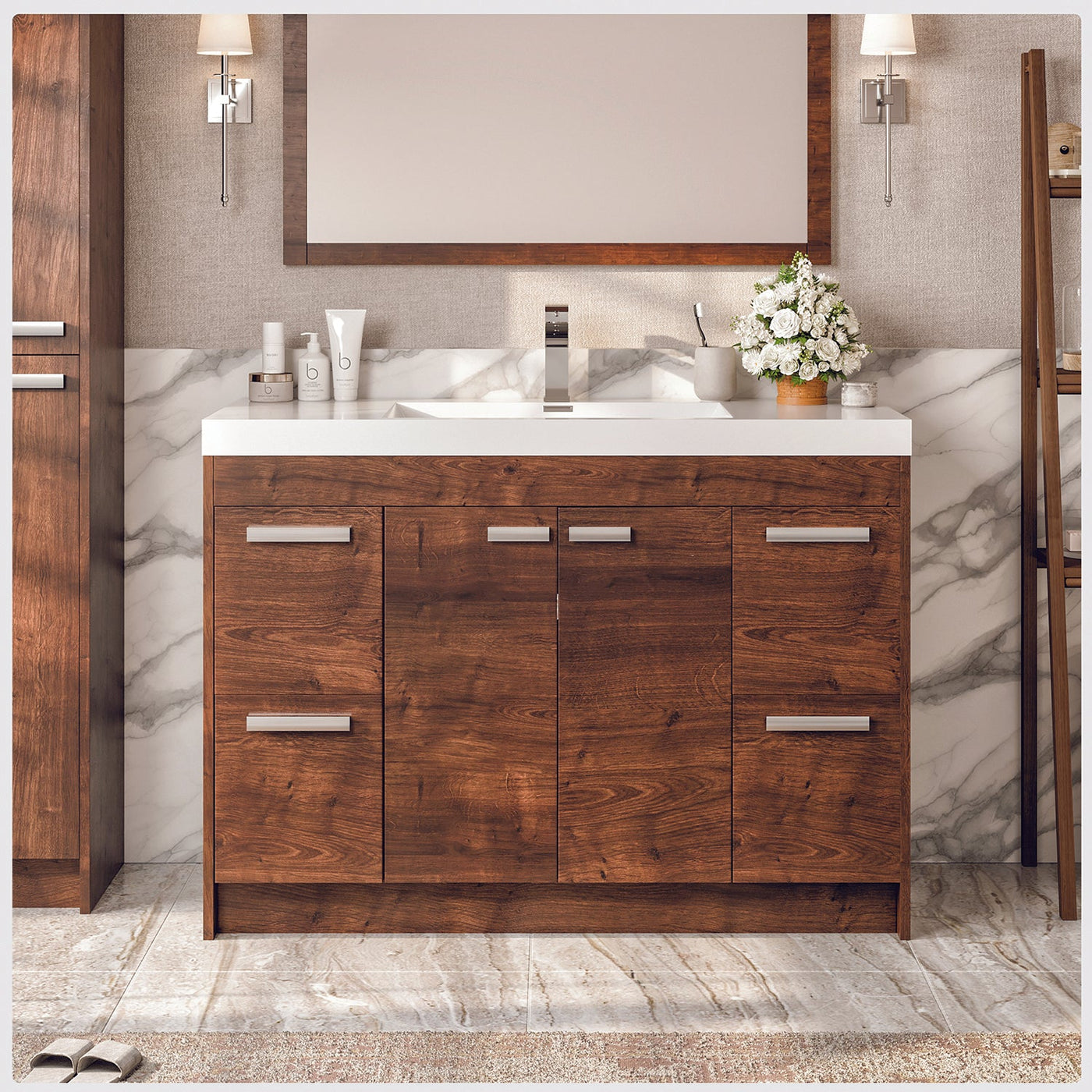 Lugano 48"W x 20"D Rosewood Bathroom Vanity with White Acrylic Countertop and Integrated Sink