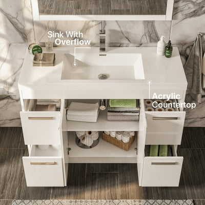 Lugano 48"W x 20"D White Bathroom Vanity with White Acrylic Countertop and Integrated Sink