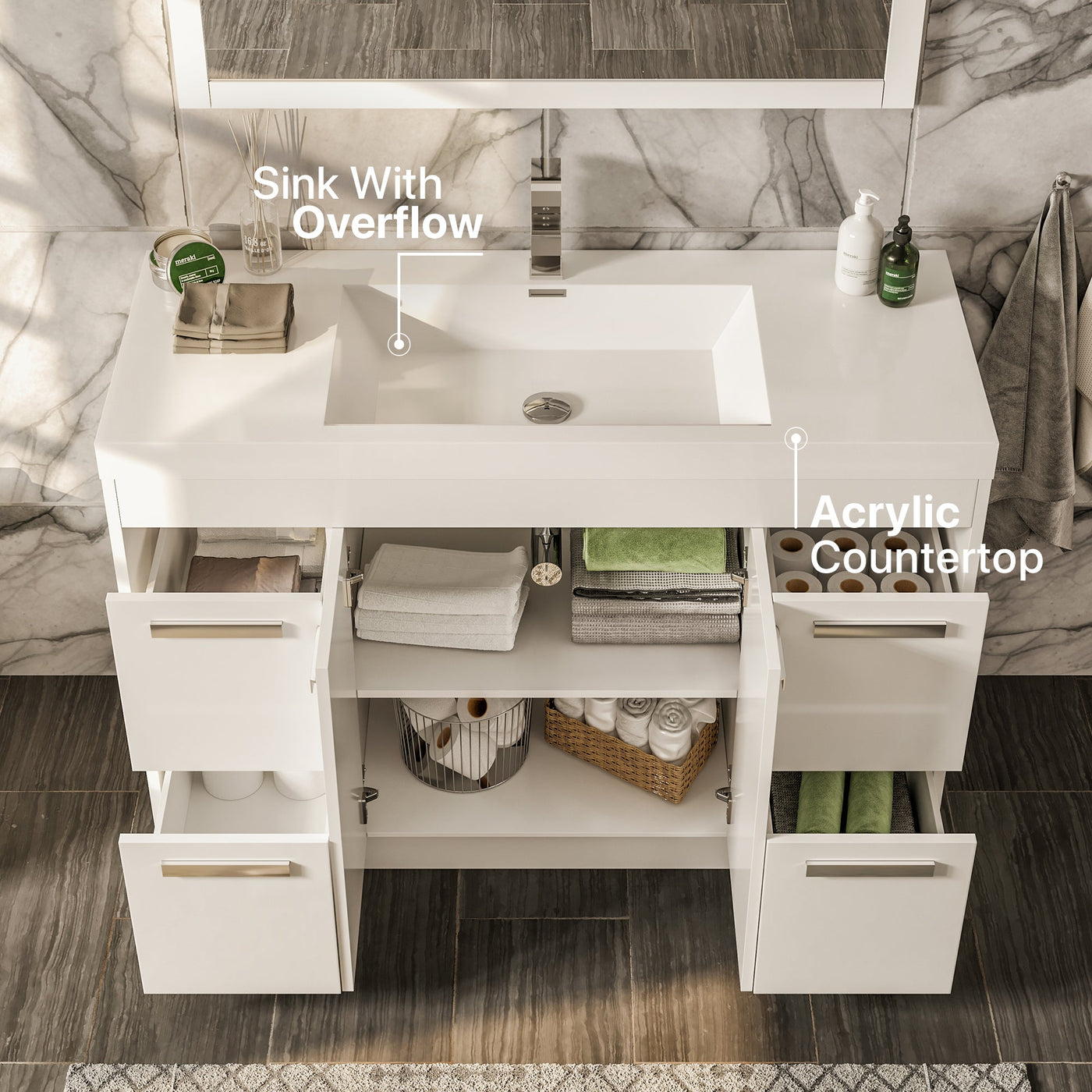 Lugano 42"W x 20"D White Bathroom Vanity with White Acrylic Countertop and Integrated Sink