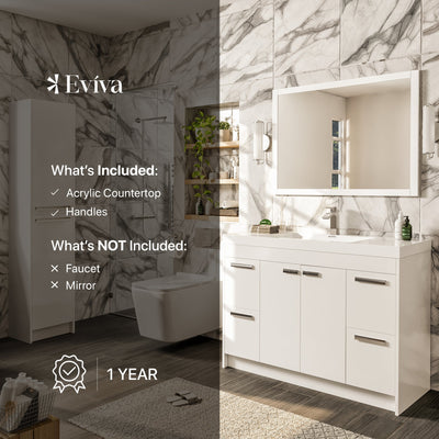 Lugano 42"W x 20"D White Bathroom Vanity with White Acrylic Countertop and Integrated Sink