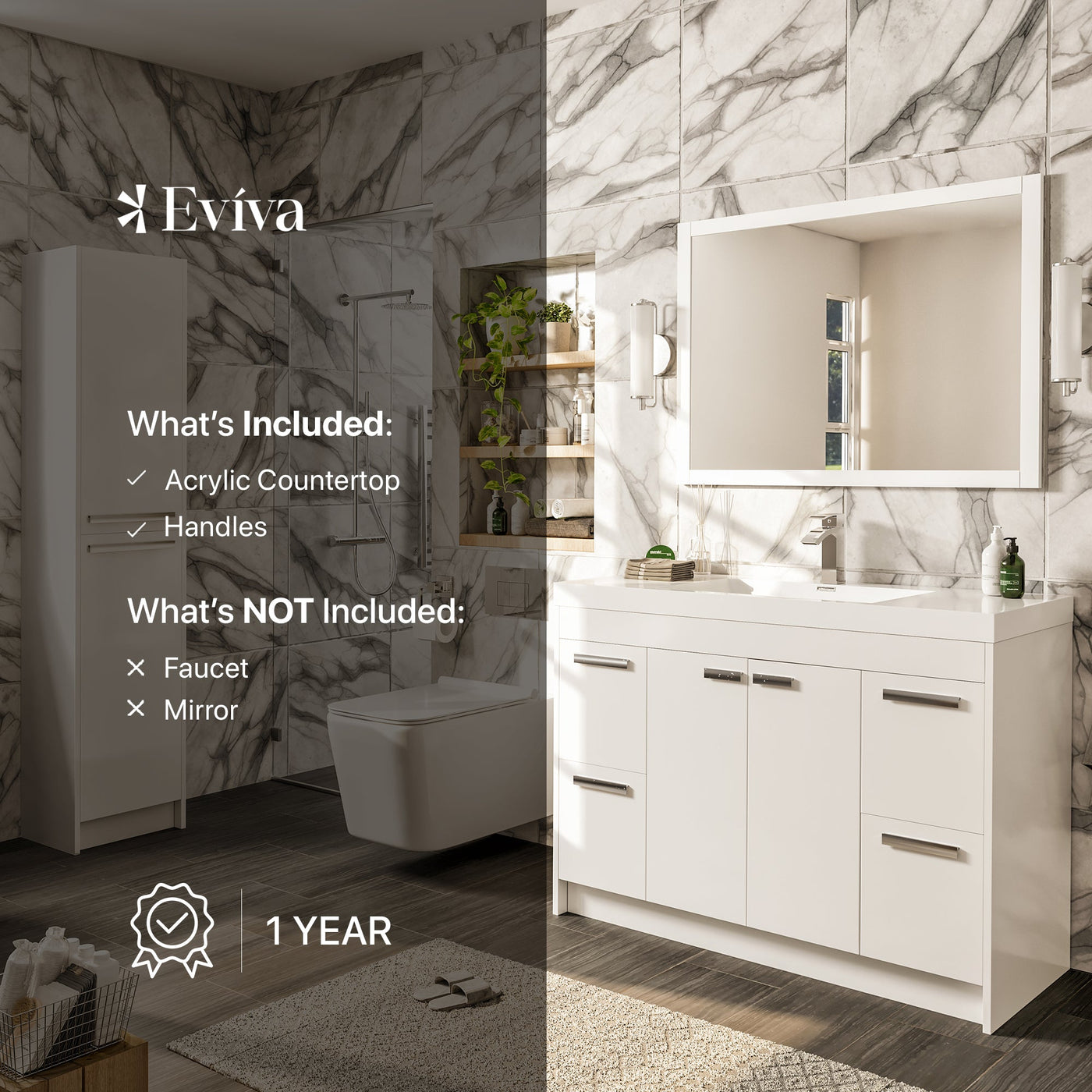 Lugano 48"W x 20"D White Bathroom Vanity with White Acrylic Countertop and Integrated Sink