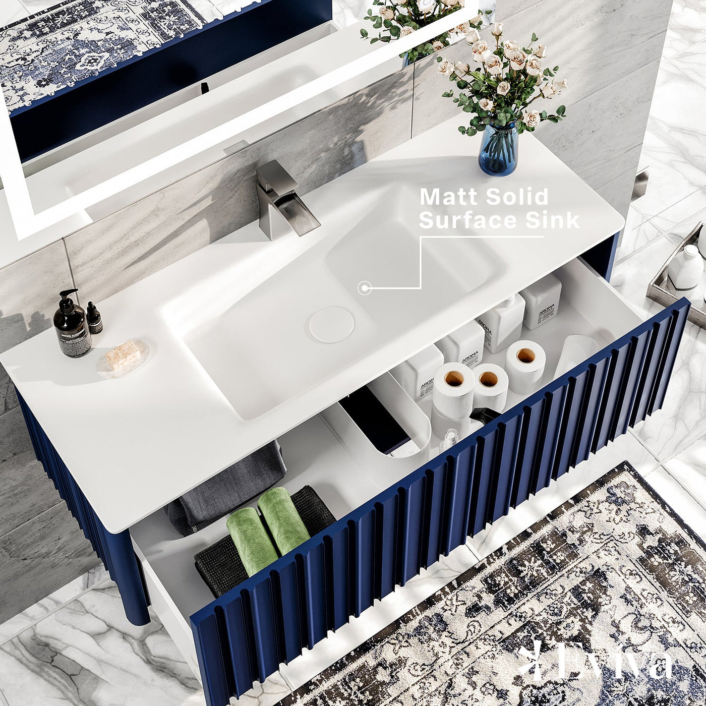 Dolce Vita 48"W x 20"D Blue Wall Mount Bathroom Vanity with White Solid Surface Countertop and Integrated Sink