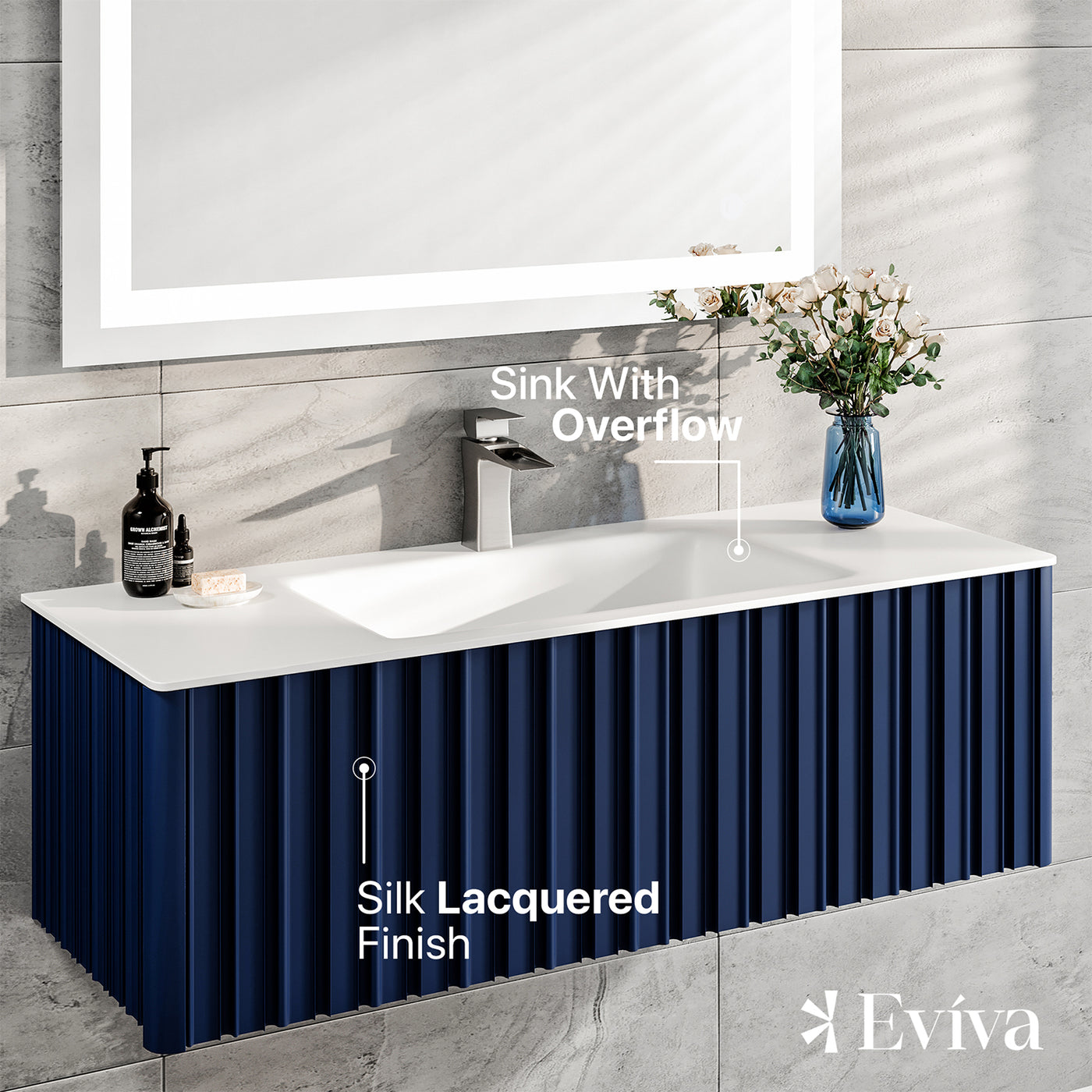 Dolce Vita 48"W x 20"D Blue Wall Mount Bathroom Vanity with White Solid Surface Countertop and Integrated Sink