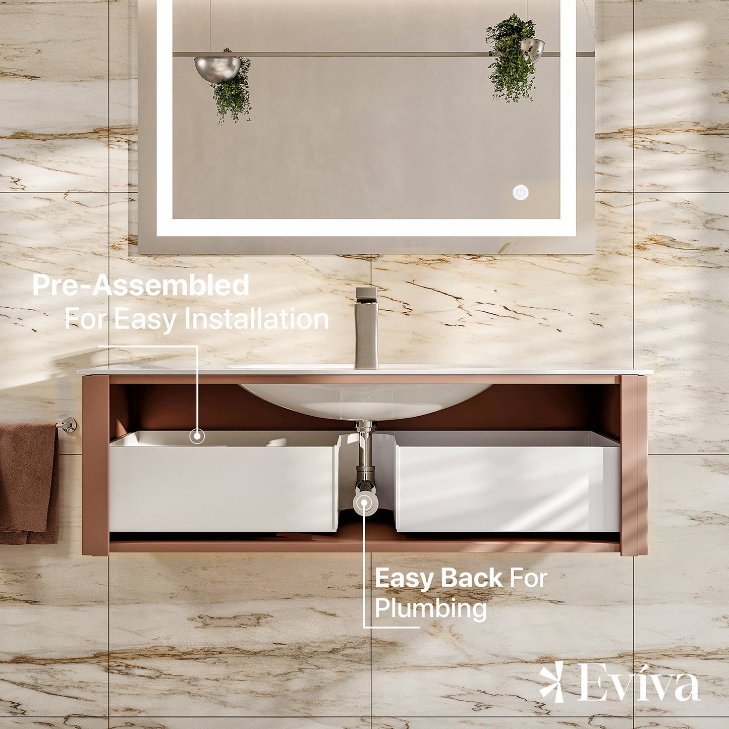 Eviva Dolce Vita 48 Blush Wall Mount Vanity with Solid Surface Integrated Sink