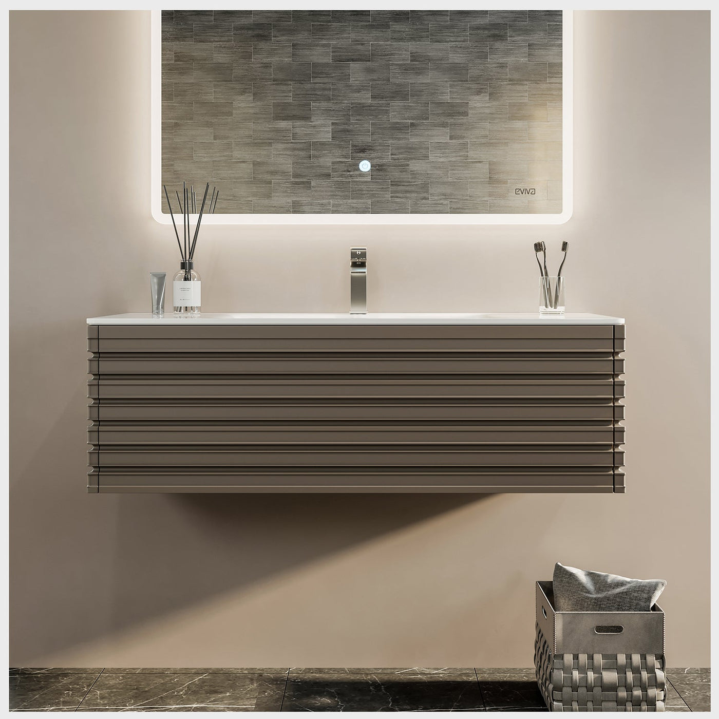 Dream 40"W x 20"D Smog Gray Wall Mount Bathroom Vanity with White Solid Surface Countertop and Integrated Sink