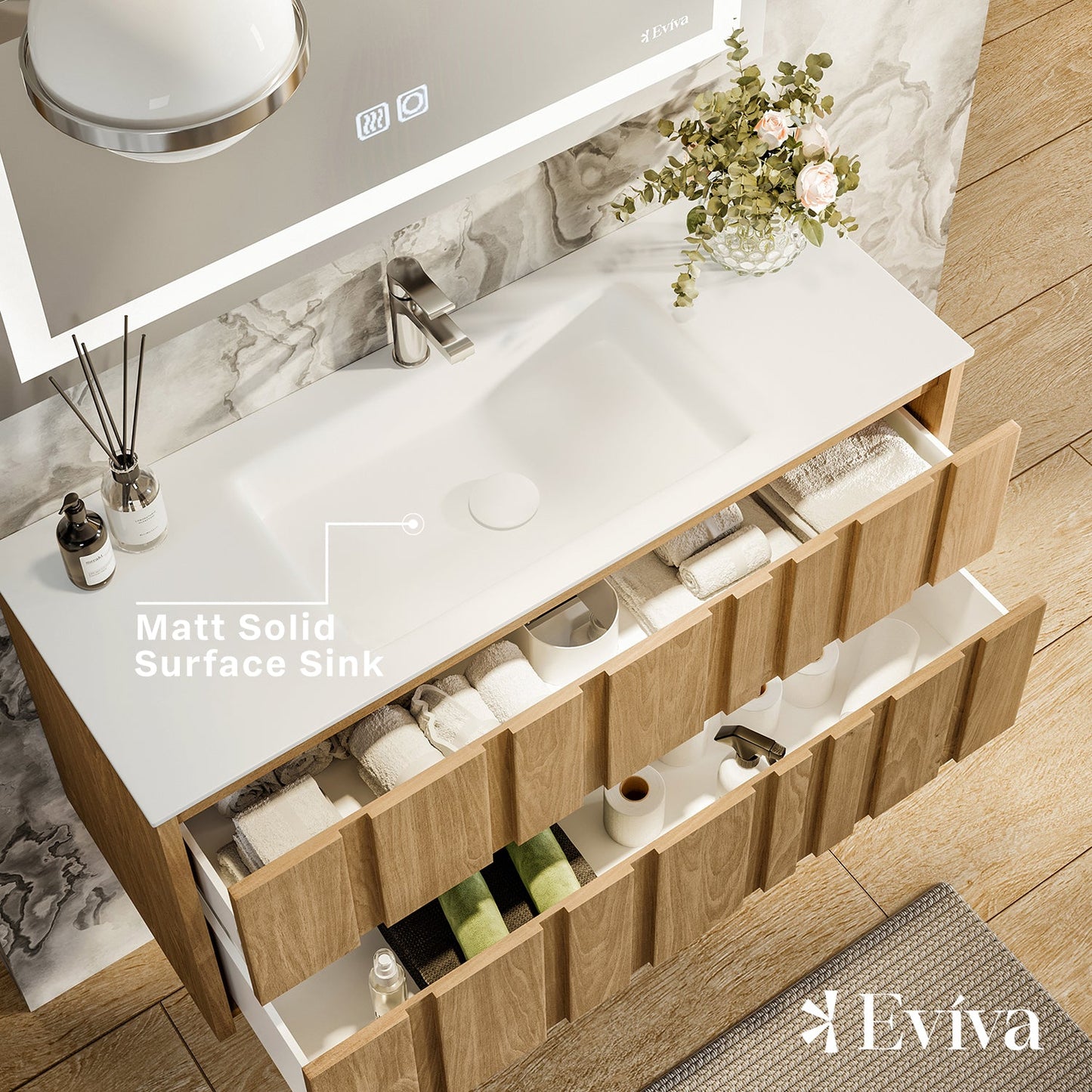 Eviva Lumber 44 Inch Wall Mount Solid Oak Vanity with Solid Surface Integrated Sink